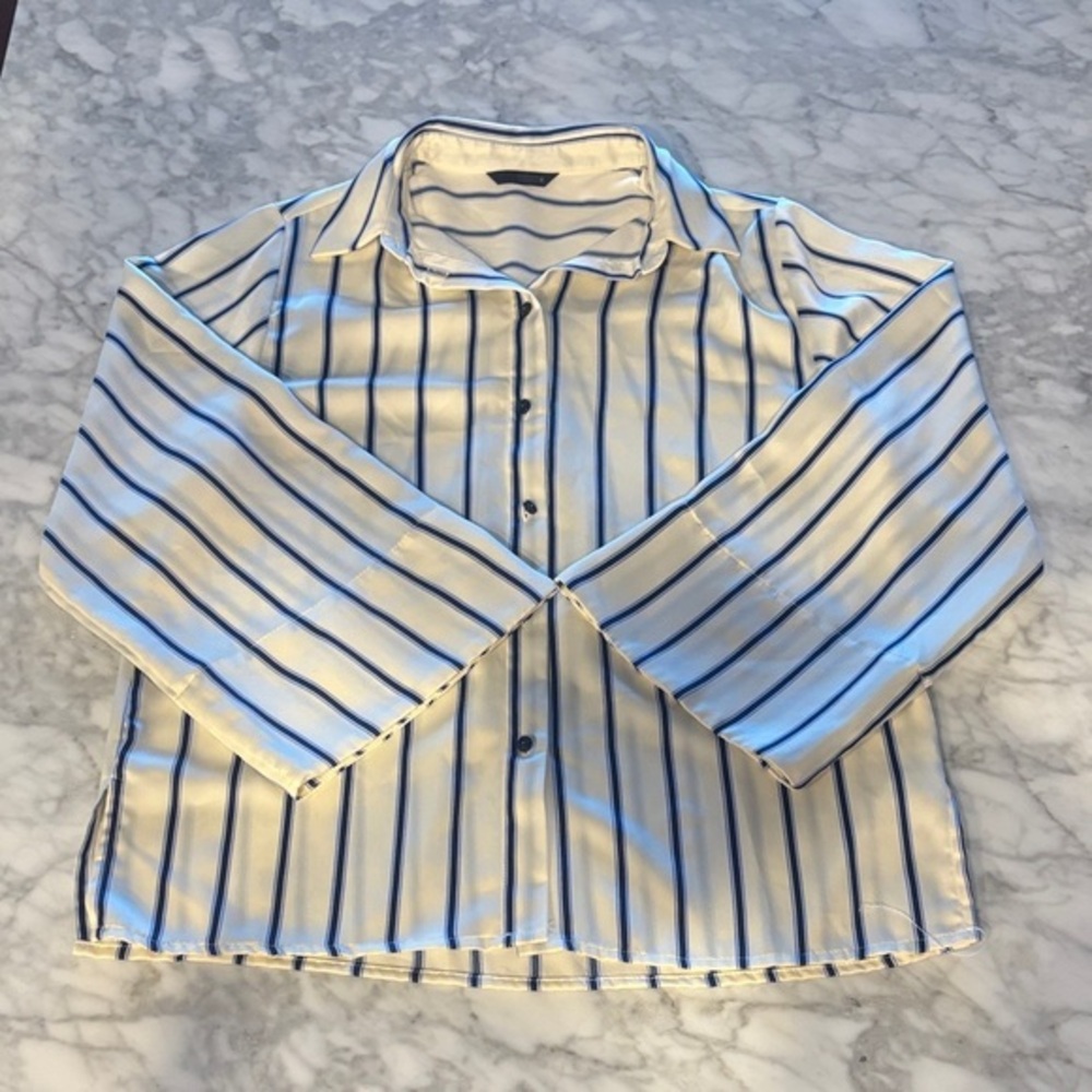 Zara Women's White and Blue Striped Button Down Shirt